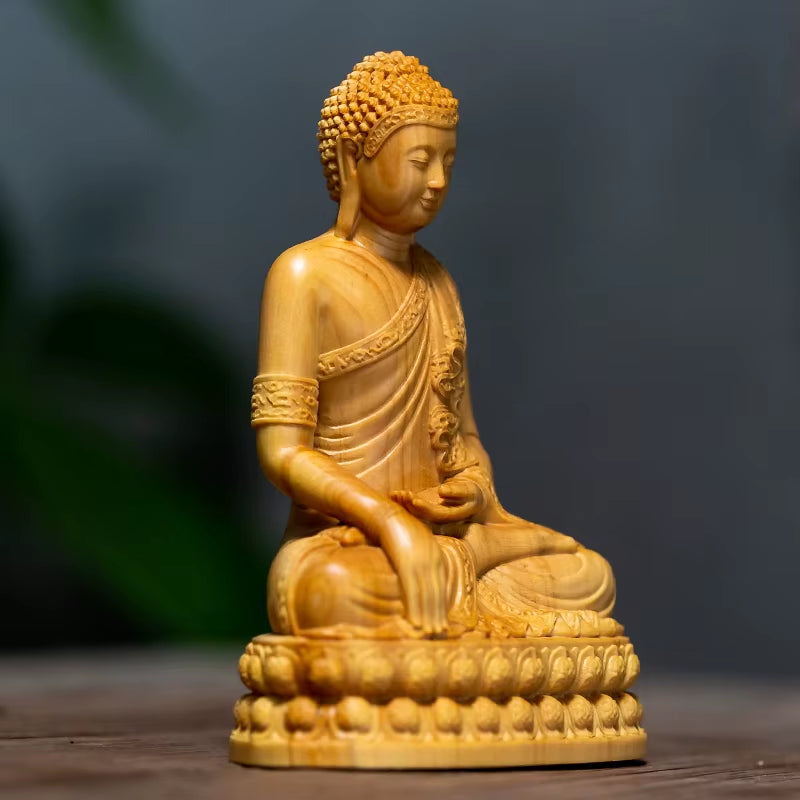 Thai Hand Carved Wooden Meditating Buddha Statue Figurine with Lotus Base - Zen Spiritual Ornament Home Desk Decor Altar Gift