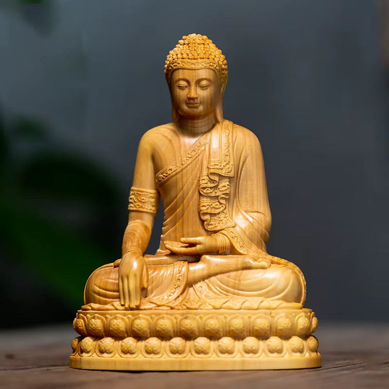 Thai Hand Carved Wooden Meditating Buddha Statue Figurine with Lotus Base - Zen Spiritual Ornament Home Desk Decor Altar Gift