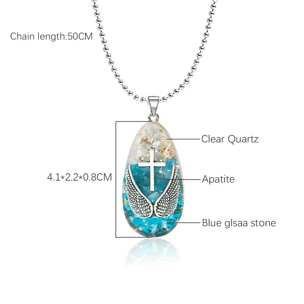 Angel Wing Necklace with Cross Pendant -Energy Apatite Crystal - Reiki Gemstone Healing Jewelry Gift for Women'S
