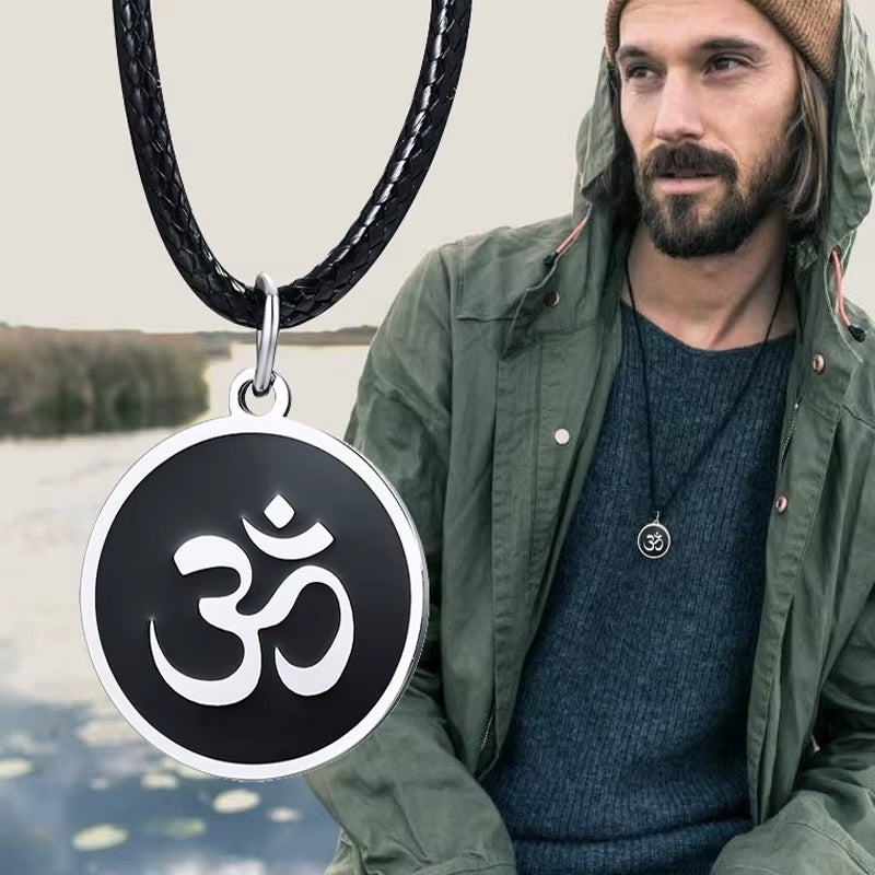 Men'S OM Necklace round Ohm Pendant Adjustable Yoga Spiritual Jewelry