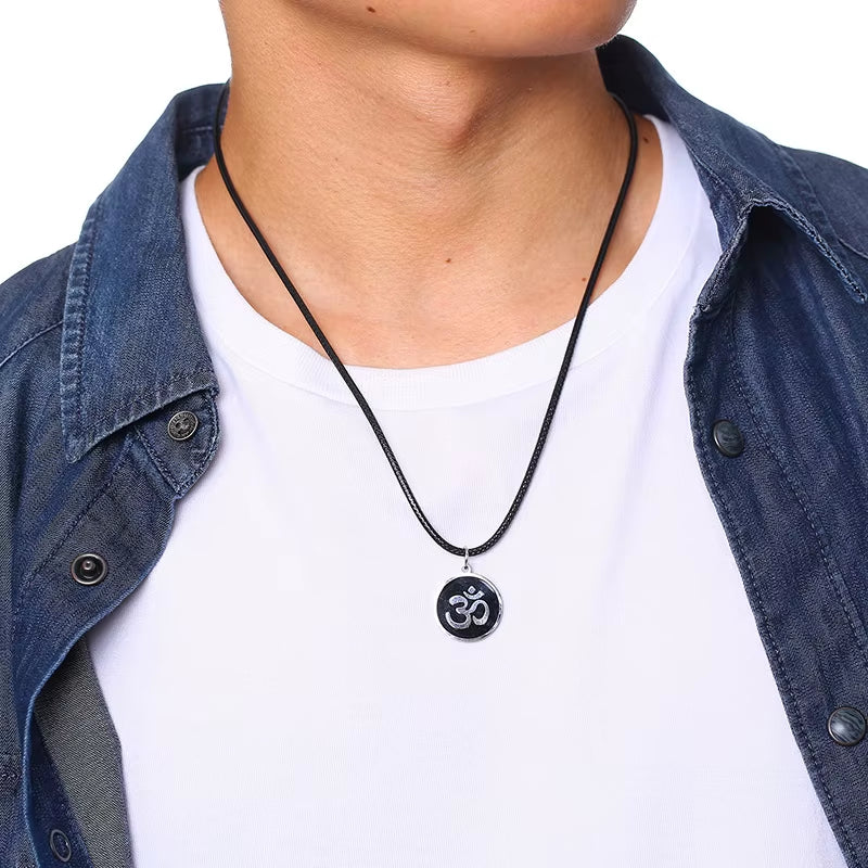 Men'S OM Necklace round Ohm Pendant Adjustable Yoga Spiritual Jewelry