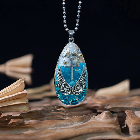 Angel Wing Necklace with Cross Pendant -Energy Apatite Crystal - Reiki Gemstone Healing Jewelry Gift for Women'S