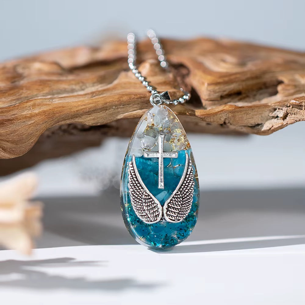 Angel Wing Necklace with Cross Pendant -Energy Apatite Crystal - Reiki Gemstone Healing Jewelry Gift for Women'S