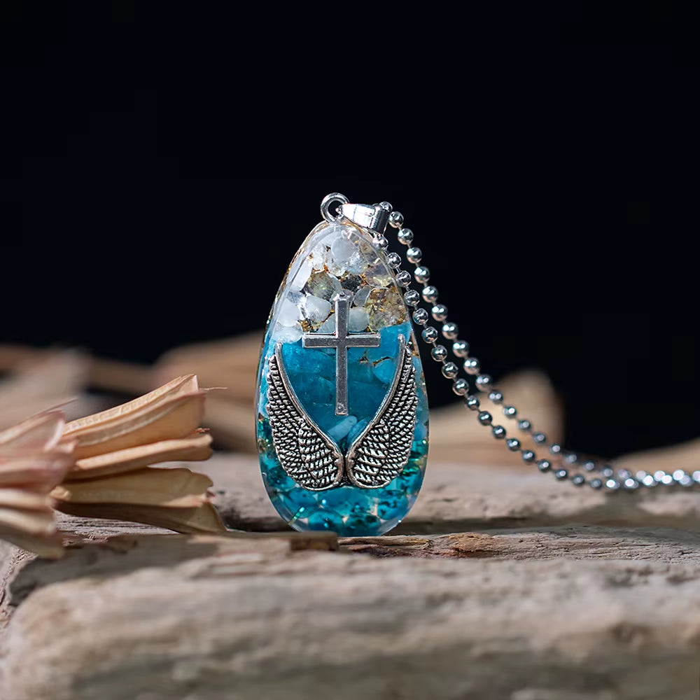 Angel Wing Necklace with Cross Pendant -Energy Apatite Crystal - Reiki Gemstone Healing Jewelry Gift for Women'S