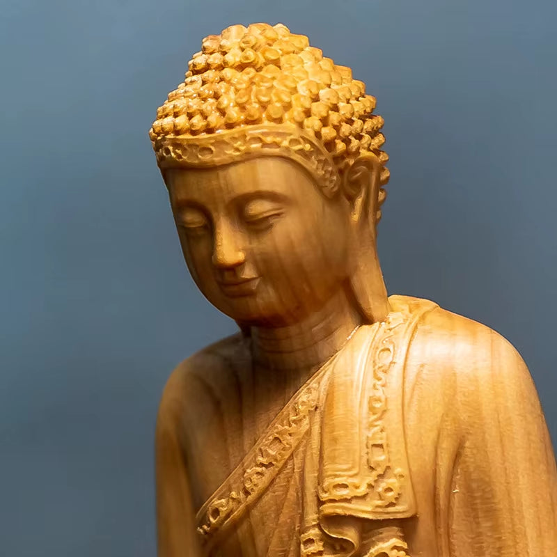 Thai Hand Carved Wooden Meditating Buddha Statue Figurine with Lotus Base - Zen Spiritual Ornament Home Desk Decor Altar Gift